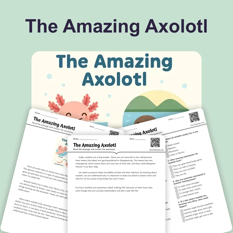 The Amazing Axolotl — reading — reading comprehension for Grade 1, Grade 2, Grade 3, page 1 of 4