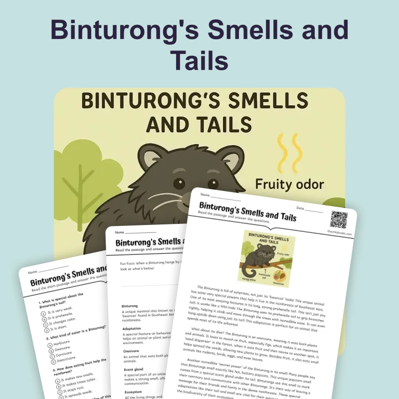 Binturong's Smells and Tails — reading — reading comprehension for Grade 3, Grade 4, Grade 5, Grade 6, Grade 7, Grade 8, page 1 of 4