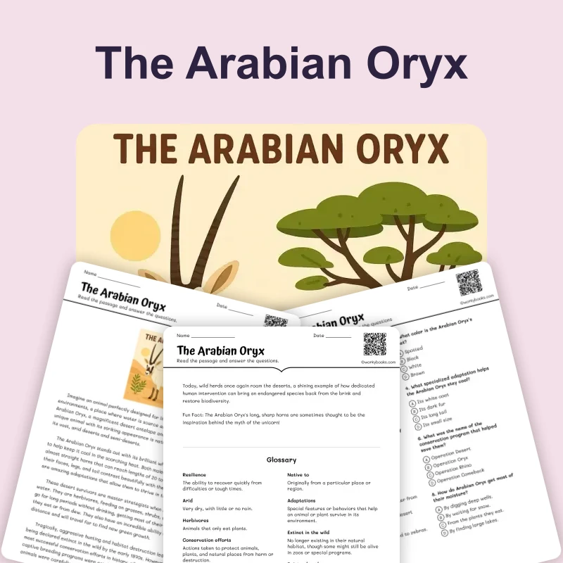 The Arabian Oryx — ela — reading comprehension for Grade 3, Grade 4, Grade 5, Grade 6, Grade 7, Grade 8, page 1 of 4
