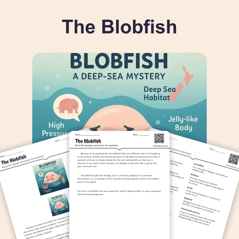 The Blobfish — reading — reading comprehension for Grade 3, Grade 4, Grade 5, Grade 6, Grade 7, Grade 8, page 1 of 4