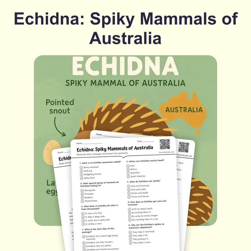 Echidna: Spiky Mammals of Australia — ela — reading comprehension for Grade 3, Grade 4, Grade 5, Grade 6, Grade 7, Grade 8, page 1 of 4