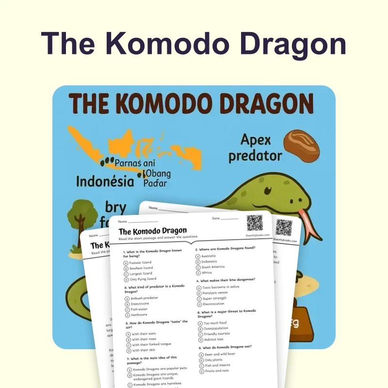 The Komodo Dragon — ela — reading comprehension for Grade 3, Grade 4, Grade 5, Grade 6, Grade 7, Grade 8, page 1 of 4