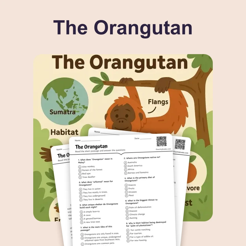 The Orangutan — ela — reading comprehension for Grade 3, Grade 4, Grade 5, Grade 6, Grade 7, Grade 8, page 1 of 4