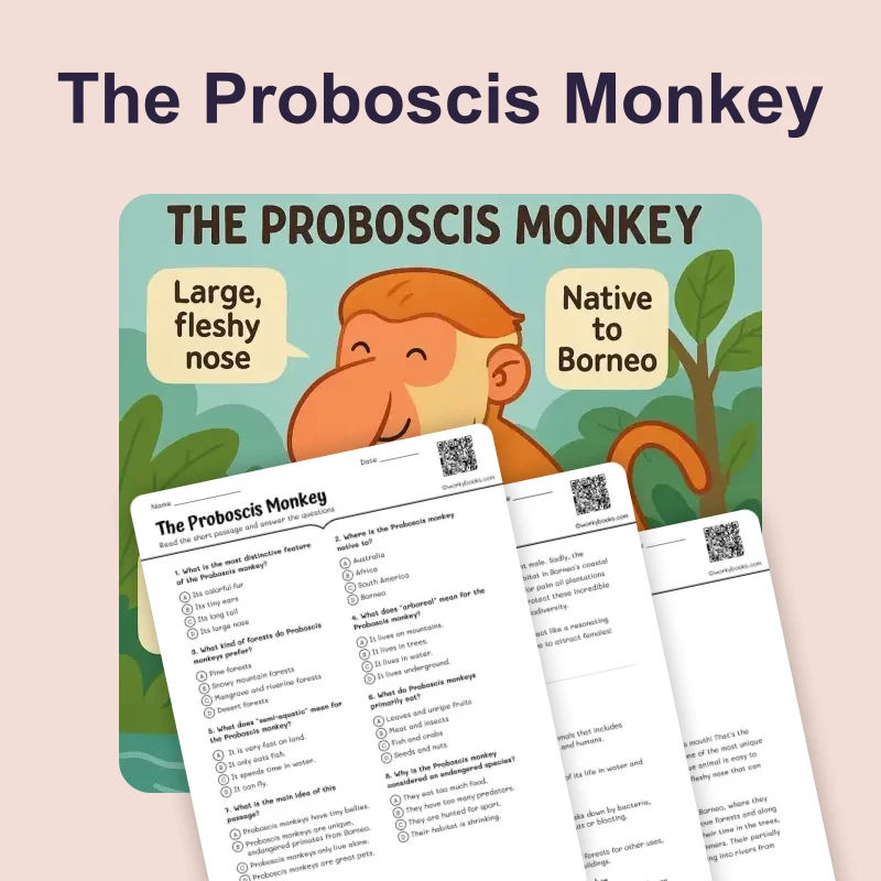 The Proboscis Monkey — ela — reading comprehension for Grade 3, Grade 4, Grade 5, Grade 6, Grade 7, Grade 8, page 1 of 4