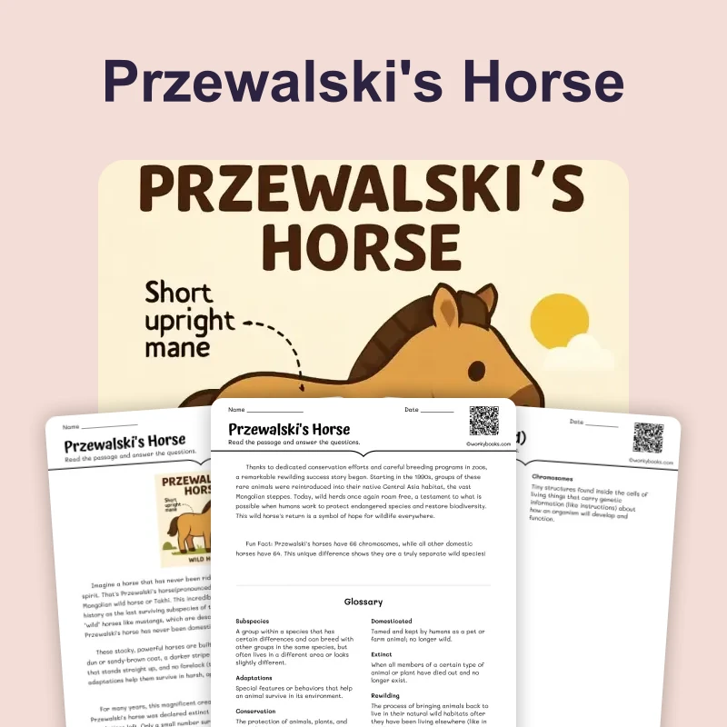 Przewalski's Horse — ela — reading comprehension for Grade 3, Grade 4, Grade 5, Grade 6, Grade 7, Grade 8, page 1 of 4
