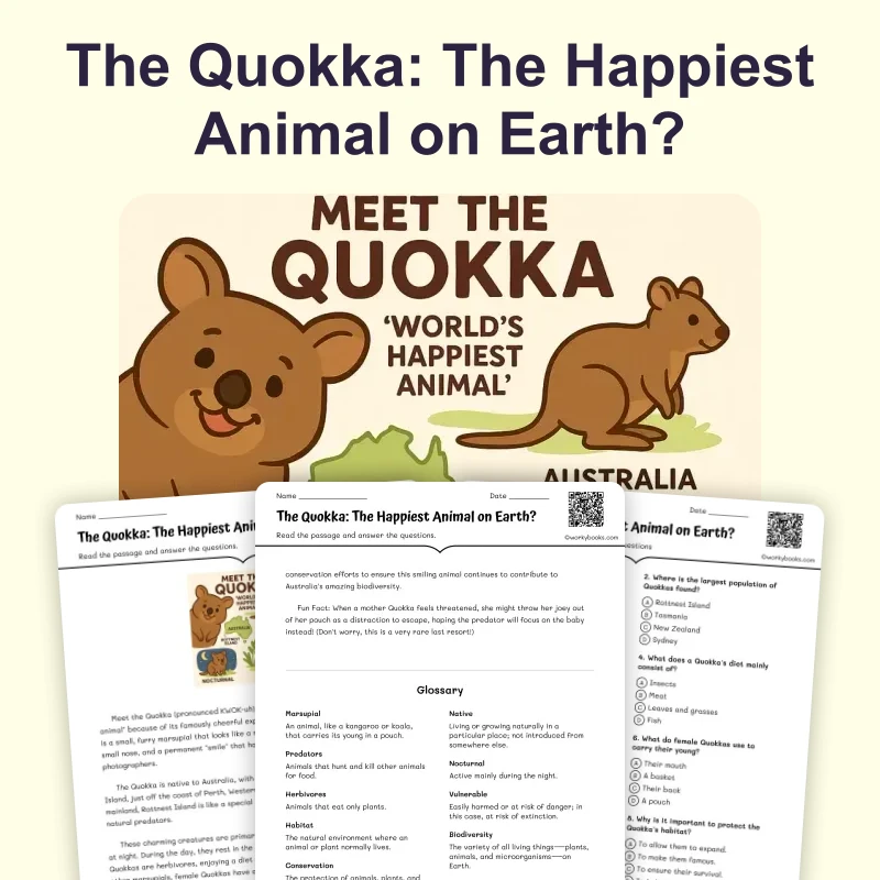 The Quokka — ela — reading comprehension for Grade 3, Grade 4, Grade 5, Grade 6, Grade 7, Grade 8, page 1 of 4