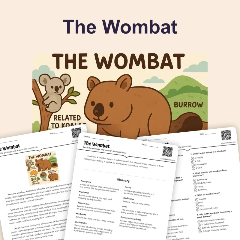 The Wombat — ela — reading comprehension for Grade 3, Grade 4, Grade 5, Grade 6, Grade 7, Grade 8, page 1 of 4