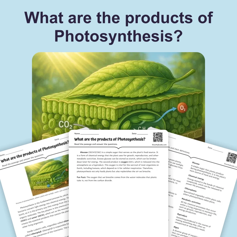 What are the products of Photosynthesis? — ela — reading comprehension for Grade 3, Grade 4, Grade 5, Grade 6, Grade 7, Grade 8, page 1 of 4