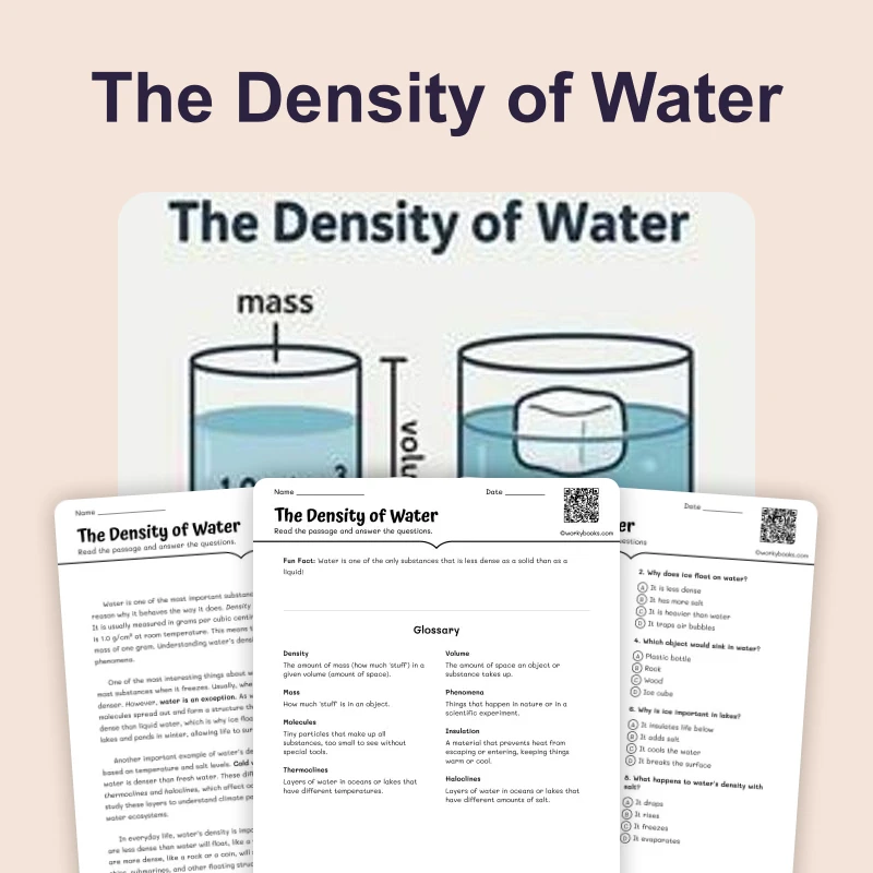 Density of Water — ela — reading comprehension for Grade 5, Grade 6, Grade 7, Grade 8, page 1 of 4
