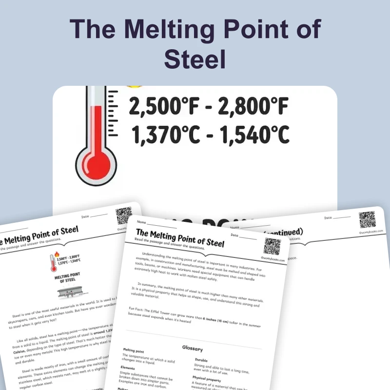 Melting Point of Steel — ela — reading comprehension for Grade 5, Grade 6, Grade 7, Grade 8, page 1 of 4