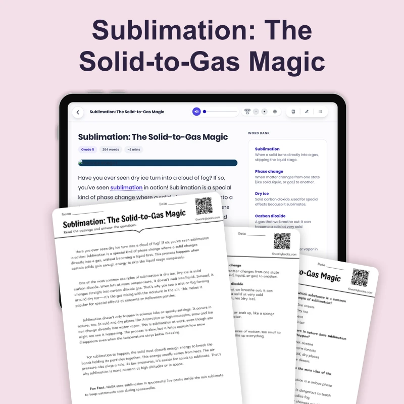 Sublimation — ela — reading comprehension for Grade 5, Grade 6, Grade 7, Grade 8, page 1 of 4