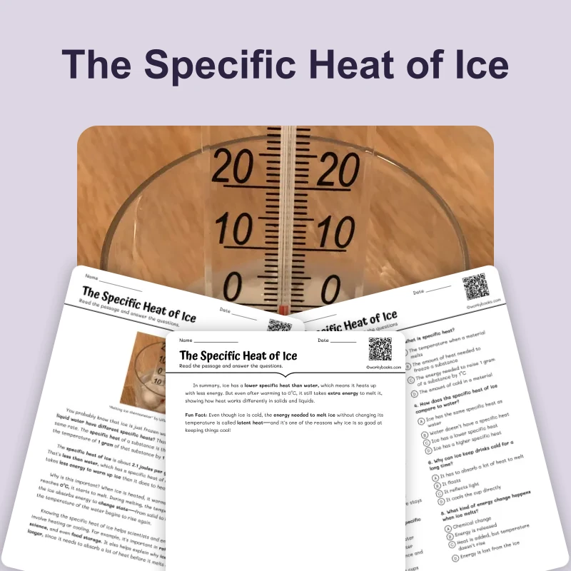 Specific Heat of Ice — ela — reading comprehension for Grade 5, Grade 6, Grade 7, Grade 8, page 1 of 4