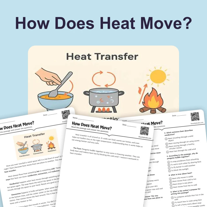 How Does Heat Move — ela — reading comprehension for Grade 5, Grade 6, Grade 7, Grade 8, page 1 of 4