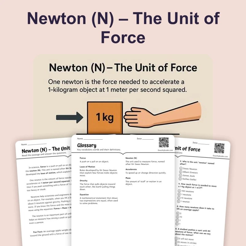 Newton (N) – The Unit of Force — ela — reading comprehension for Grade 5, Grade 6, Grade 7, Grade 8, page 1 of 4