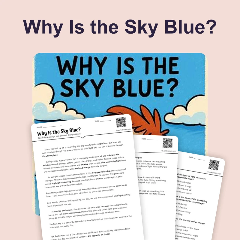 Why Is the Sky Blue — ela — reading comprehension for Grade 3, Grade 4, Grade 5, Grade 6, Grade 7, page 1 of 4