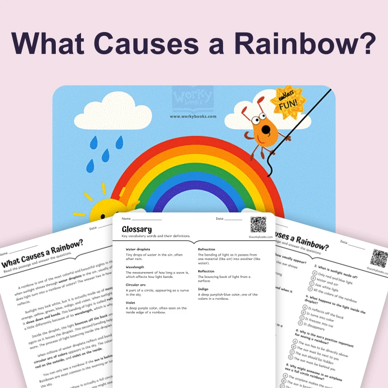 What Causes a Rainbow — ela — reading comprehension for Grade 3, Grade 4, Grade 5, Grade 6, Grade 7, page 1 of 4