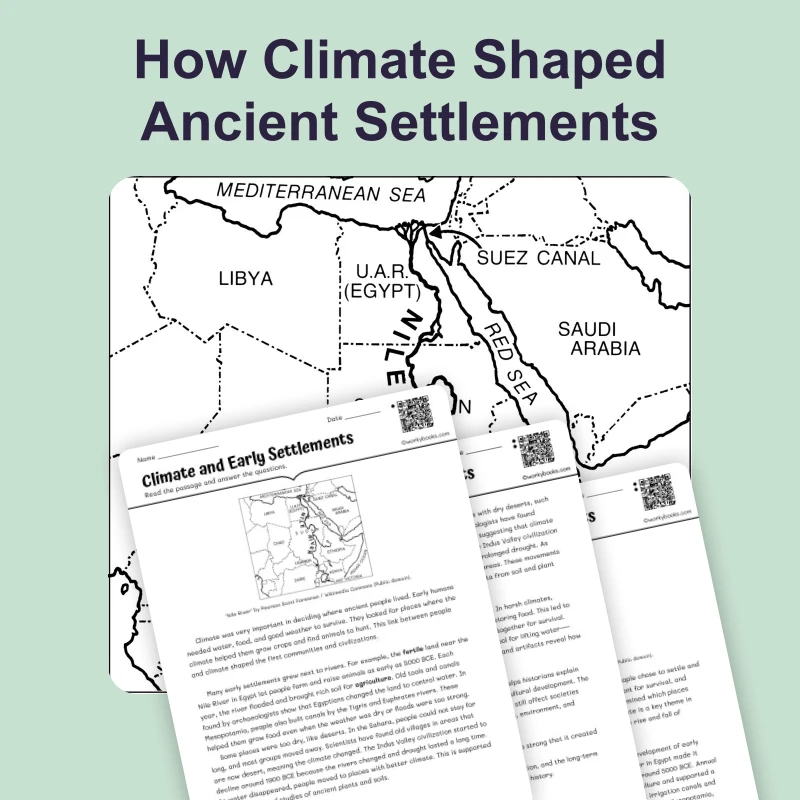 Climate and Early Civilizations — reading — reading comprehension for Grade 6, Grade 7, Grade 8, page 1 of 4