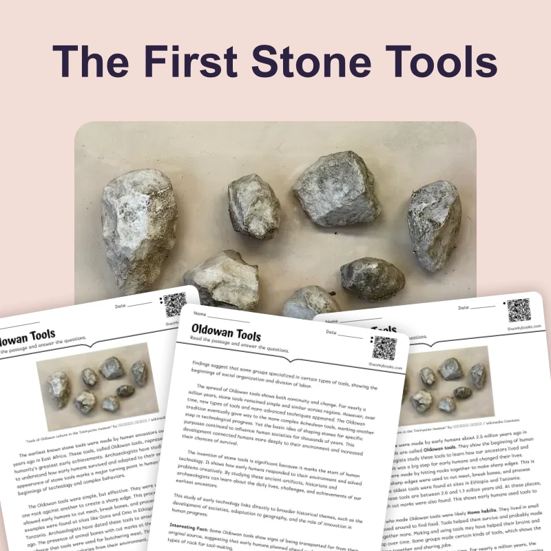 Oldowan Tools — reading — reading comprehension for Grade 6, Grade 7, Grade 8, page 1 of 4