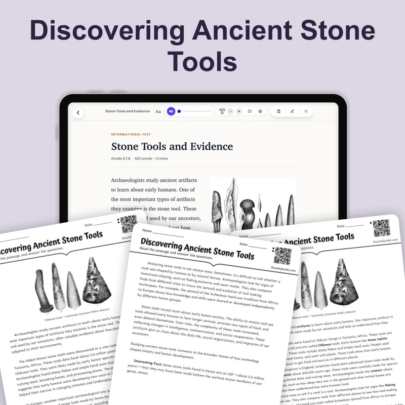 Stone Tools and Evidence — reading — reading comprehension for Grade 6, Grade 7, Grade 8, page 1 of 4