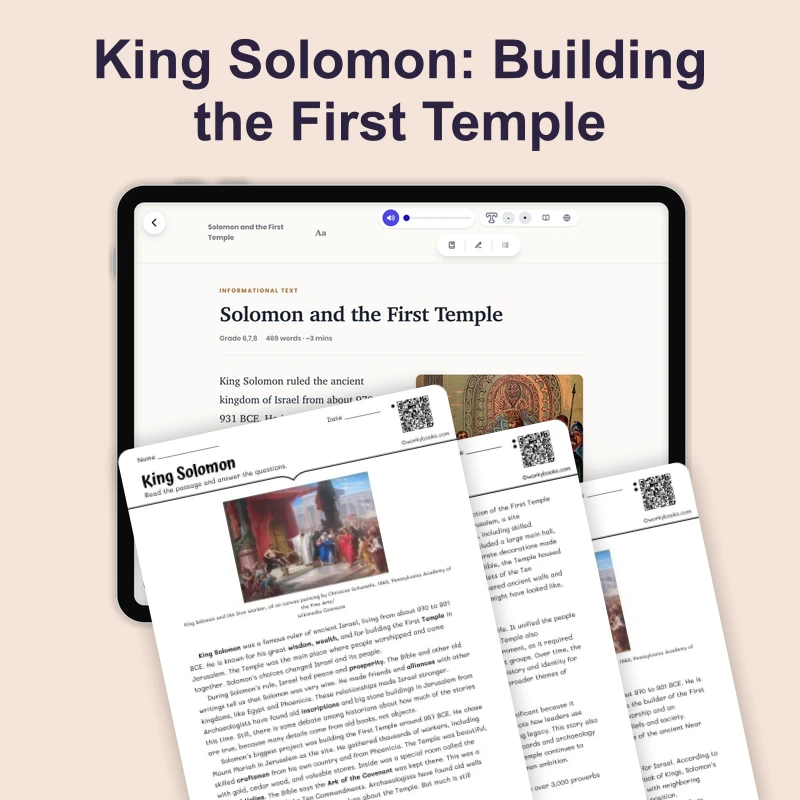 King Solomon and the First Temple — reading — reading comprehension for Grade 6, Grade 7, Grade 8, page 1 of 4