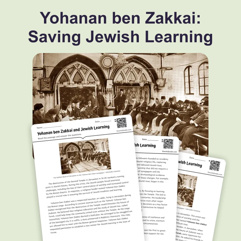 Yohanan ben Zakkai and Judaism — reading — reading comprehension for Grade 6, Grade 7, Grade 8, page 1 of 4