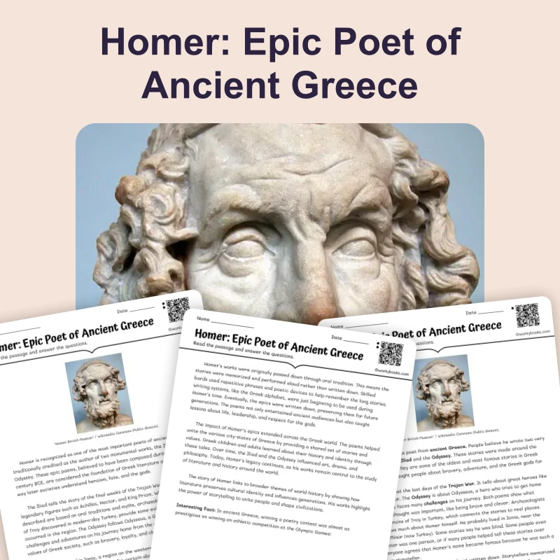 Homer and the Iliad — reading — reading comprehension for Grade 6, Grade 7, Grade 8, page 1 of 4