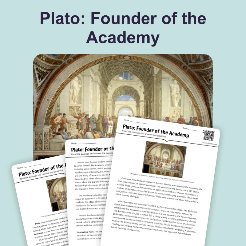 Plato and the Academy of Athens — reading — reading comprehension for Grade 6, Grade 7, Grade 8, page 1 of 4