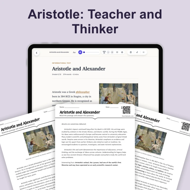 Aristotle and Alexander — reading — reading comprehension for Grade 6, Grade 7, Grade 8, page 1 of 4