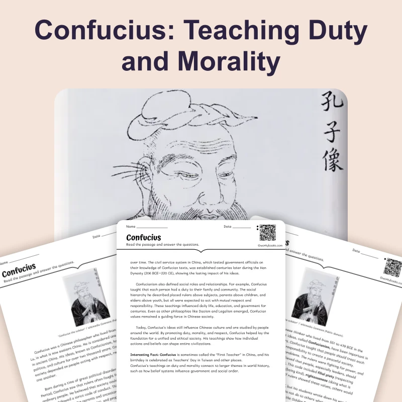 Confucius and His Teachings — reading — reading comprehension for Grade 6, Grade 7, Grade 8, page 1 of 4