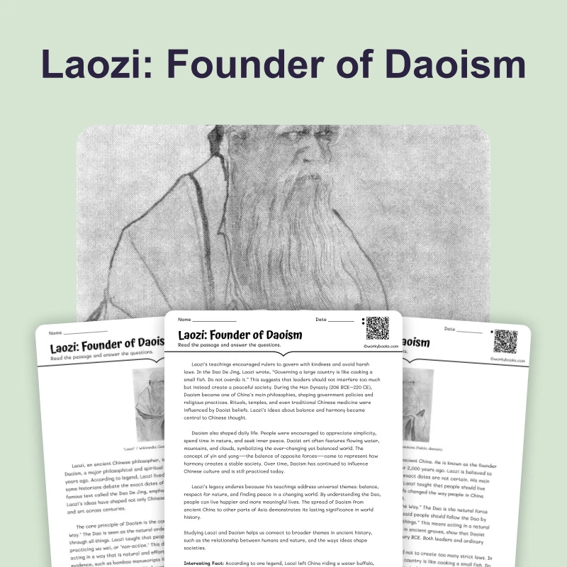 Lao Tzu and Daoism — reading — reading comprehension for Grade 6, Grade 7, Grade 8, page 1 of 4