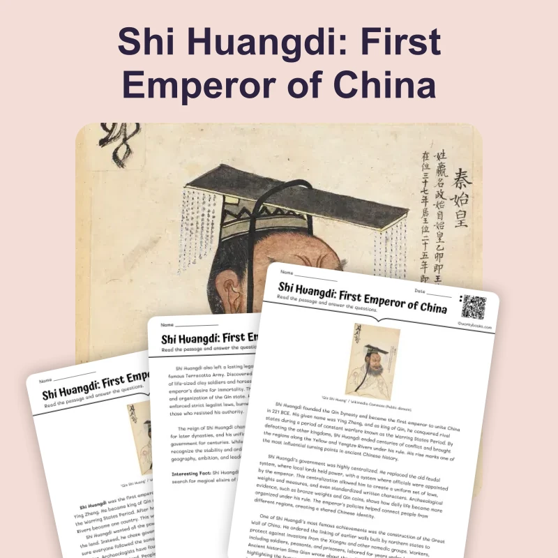 Shi Huangdi: First Emperor of China — reading — reading comprehension for Grade 6, Grade 7, Grade 8, page 1 of 4
