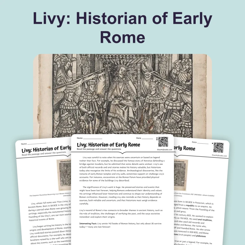Livy the Roman Historian — reading — reading comprehension for Grade 6, Grade 7, Grade 8, page 1 of 4