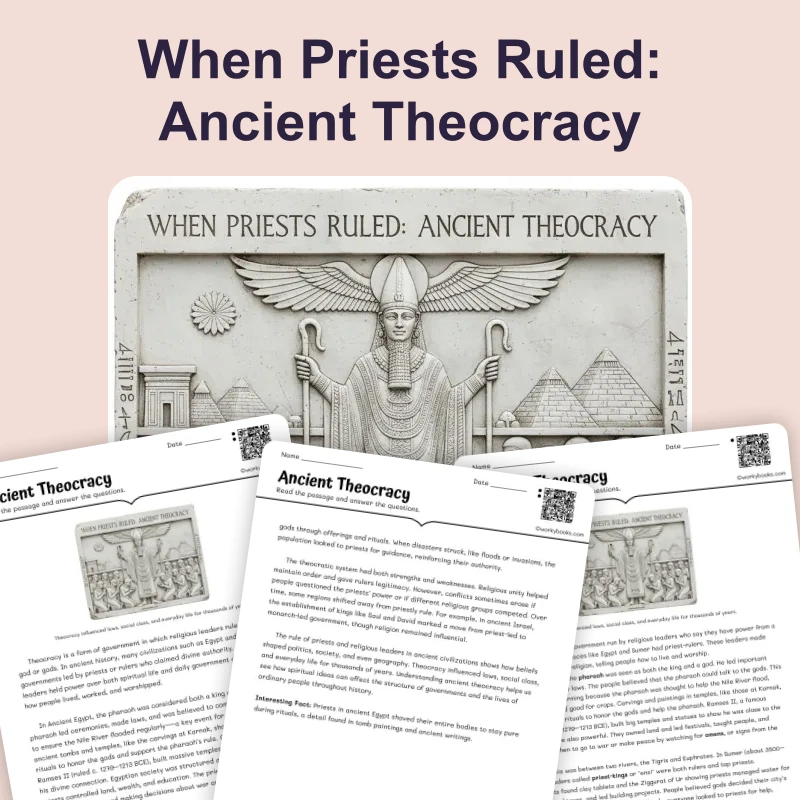 Theocracy in the Ancient World — reading — reading comprehension for Grade 6, Grade 7, Grade 8, page 1 of 4