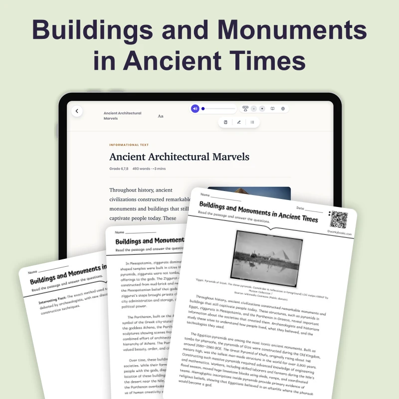 Ancient Architectural Marvels — reading — reading comprehension for Grade 6, Grade 7, Grade 8, page 1 of 4