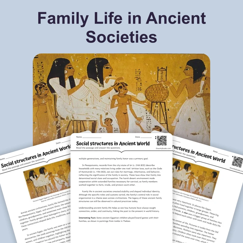 Family Life in Ancient Civilizations — reading — reading comprehension for Grade 6, Grade 7, Grade 8, page 1 of 4