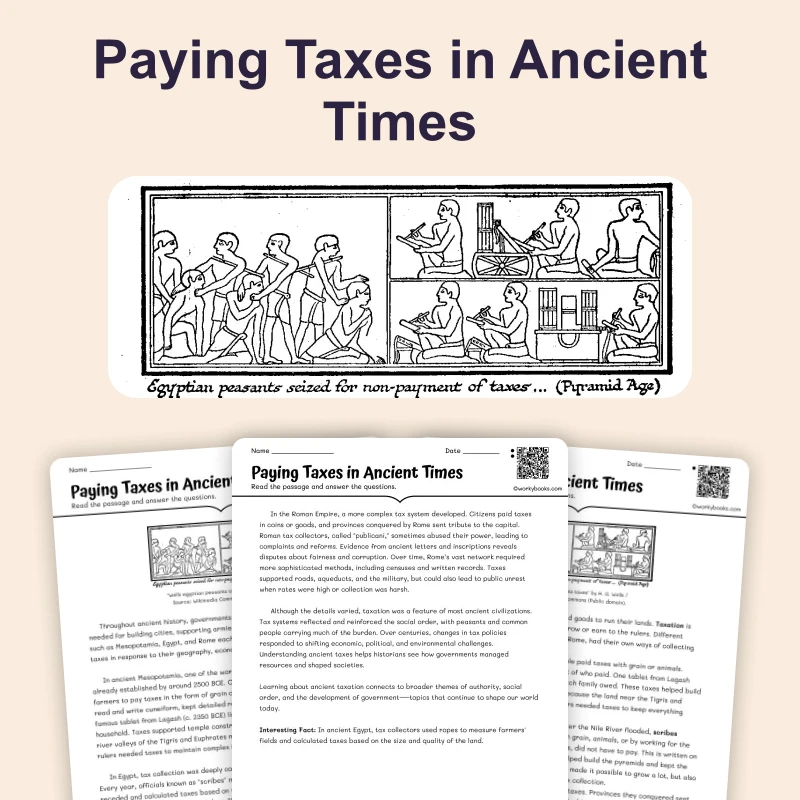 Ancient Taxes and Tribute — reading — reading comprehension for Grade 6, Grade 7, Grade 8, page 1 of 4