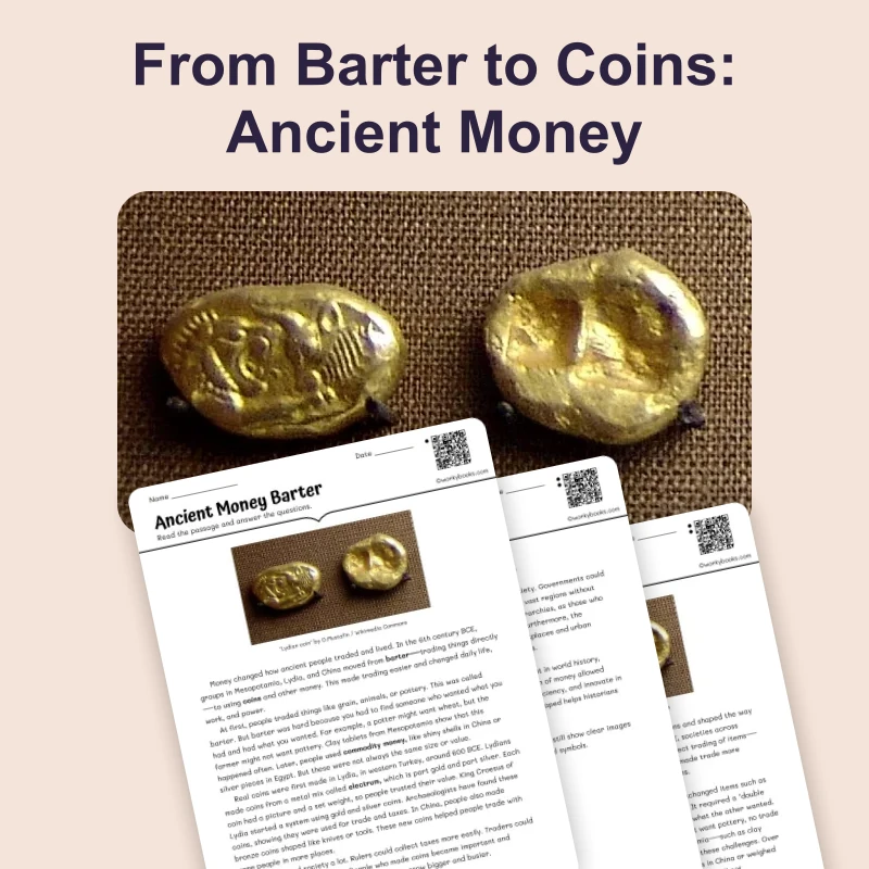 Ancient Coins and Barter — reading — reading comprehension for Grade 6, Grade 7, Grade 8, page 1 of 4