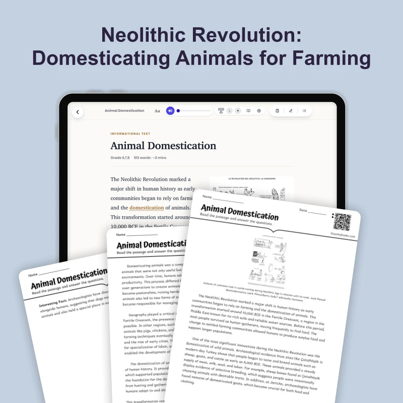 Animal Domestication — reading — reading comprehension for Grade 6, Grade 7, Grade 8, page 1 of 4