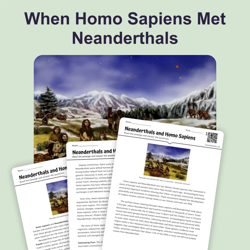 Neanderthals and Homo Sapiens — reading — reading comprehension for Grade 6, Grade 7, Grade 8, page 1 of 4
