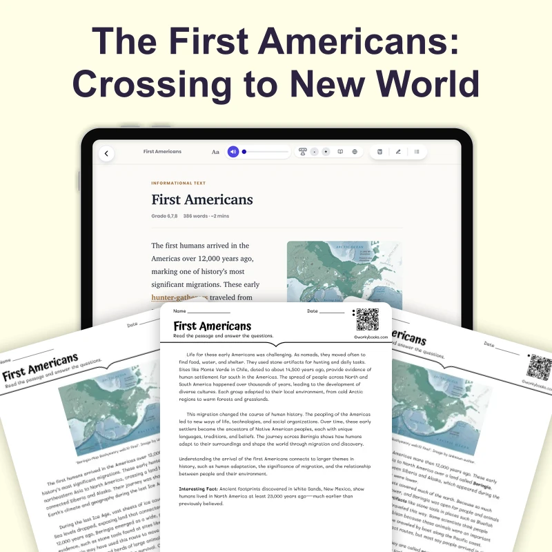First Americans Arrive — reading — reading comprehension for Grade 6, Grade 7, Grade 8, page 1 of 4