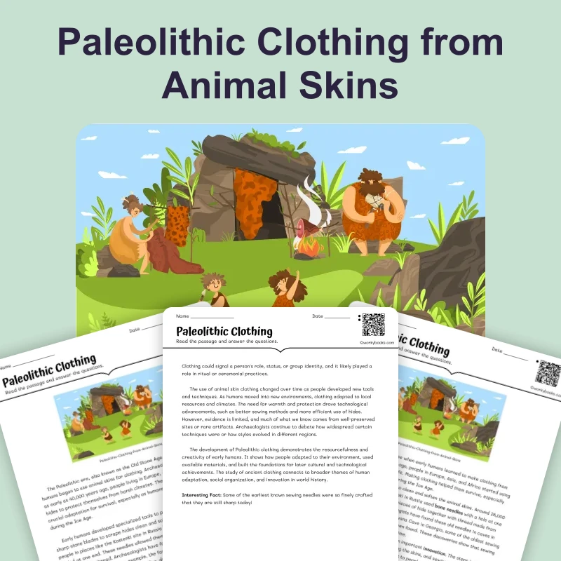 Early Human Clothing — reading — reading comprehension for Grade 6, Grade 7, Grade 8, page 1 of 4