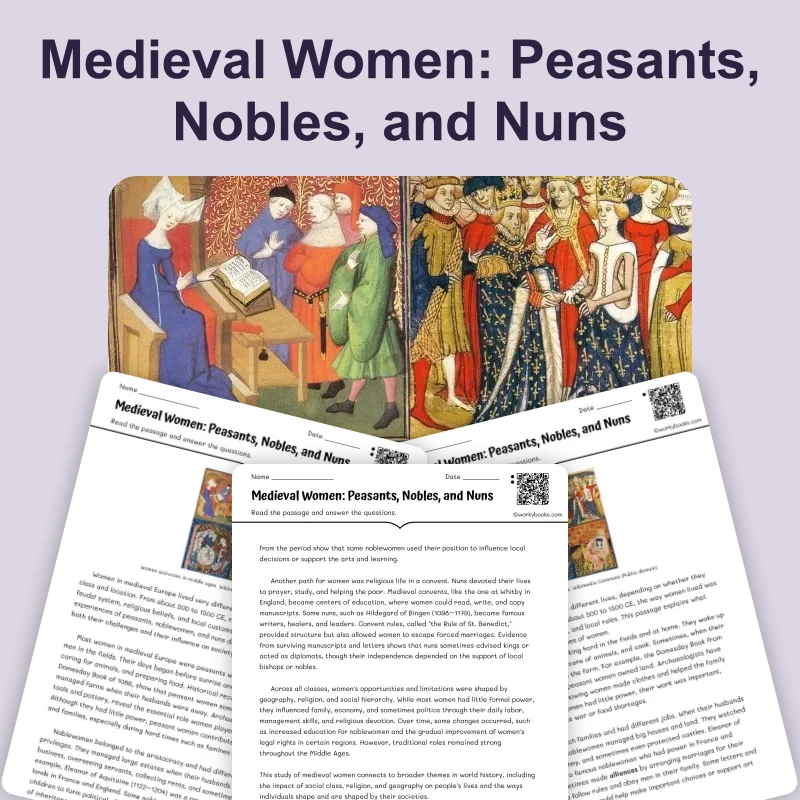 Women's Roles in the Middle Ages — reading — reading comprehension for Grade 5, Grade 6, Grade 7, Grade 8, page 1 of 4