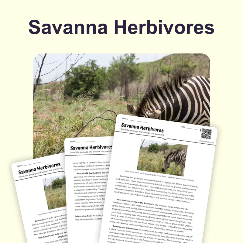 Herbivores of Savanna — science — reading comprehension for Grade 5, Grade 6, Grade 7, Grade 8, page 1 of 4
