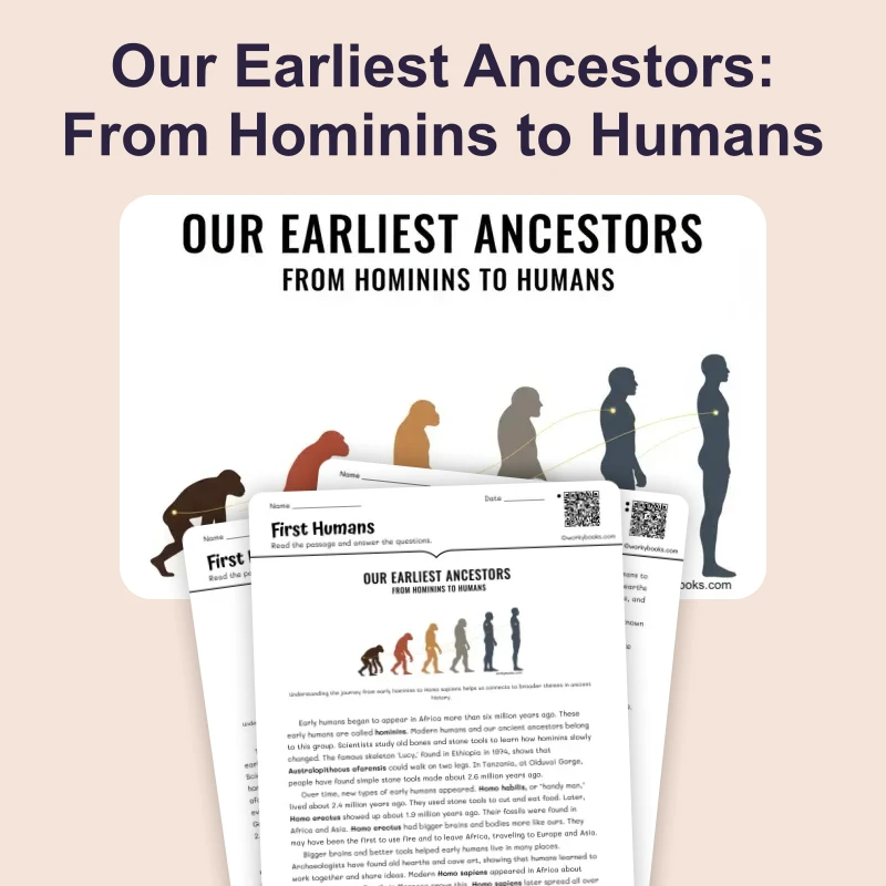 First Humans — reading — reading comprehension for Grade 5, Grade 6, Grade 7, Grade 8, page 1 of 4