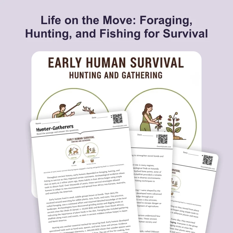 Life as a Hunter-Gatherer — reading — reading comprehension for Grade 5, Grade 6, Grade 7, Grade 8, page 1 of 4