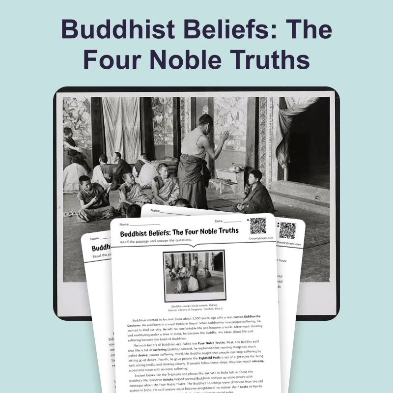 Core Teachings of Buddhism — reading — reading comprehension for Grade 5, Grade 6, Grade 7, Grade 8, page 1 of 4