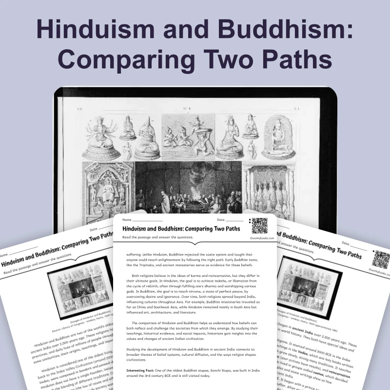 Comparing Hinduism and Buddhism — reading — reading comprehension for Grade 5, Grade 6, Grade 7, Grade 8, page 1 of 4