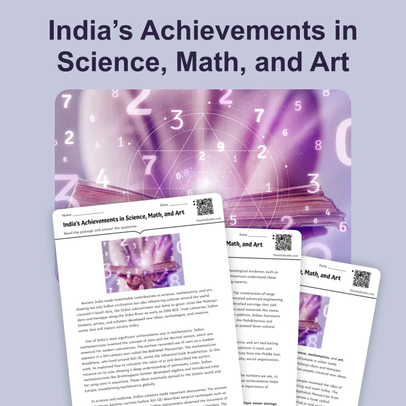 Achievements of Ancient India — reading — reading comprehension for Grade 5, Grade 6, Grade 7, Grade 8, page 1 of 4