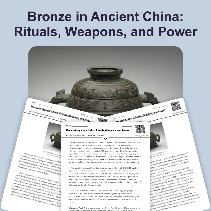 Bronze in Ancient China — reading — reading comprehension for Grade 5, Grade 6, Grade 7, Grade 8, page 1 of 4