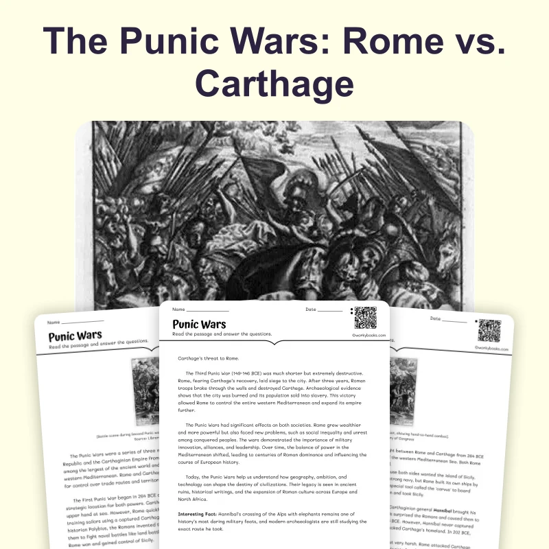 Punic Wars — reading — reading comprehension for Grade 5, Grade 6, Grade 7, Grade 8, page 1 of 4